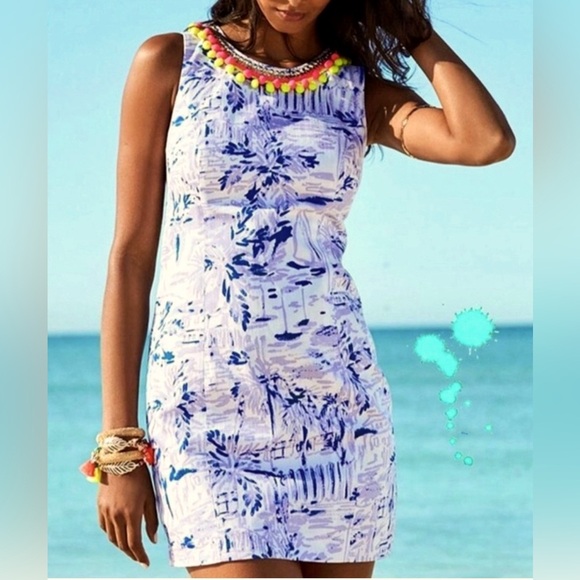 Lilly Pulitzer Mila Pom Pom Trim Shift Dress in Lilac Verben Rock The Dock 14 - Picture 1 of 10